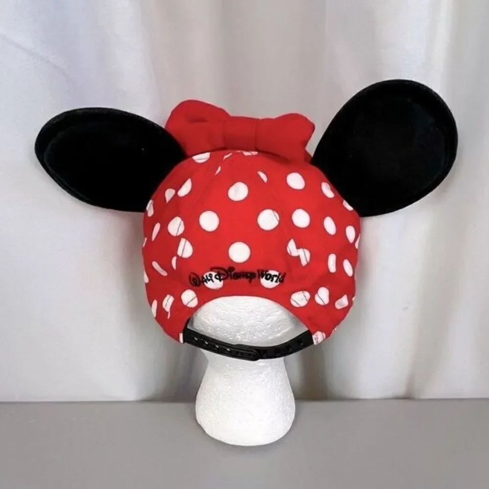 DISNEY PARKS MINNIE MOUSE HAT RED BLACK AND WHITE DOTS GIRLS. EARS AND BOW